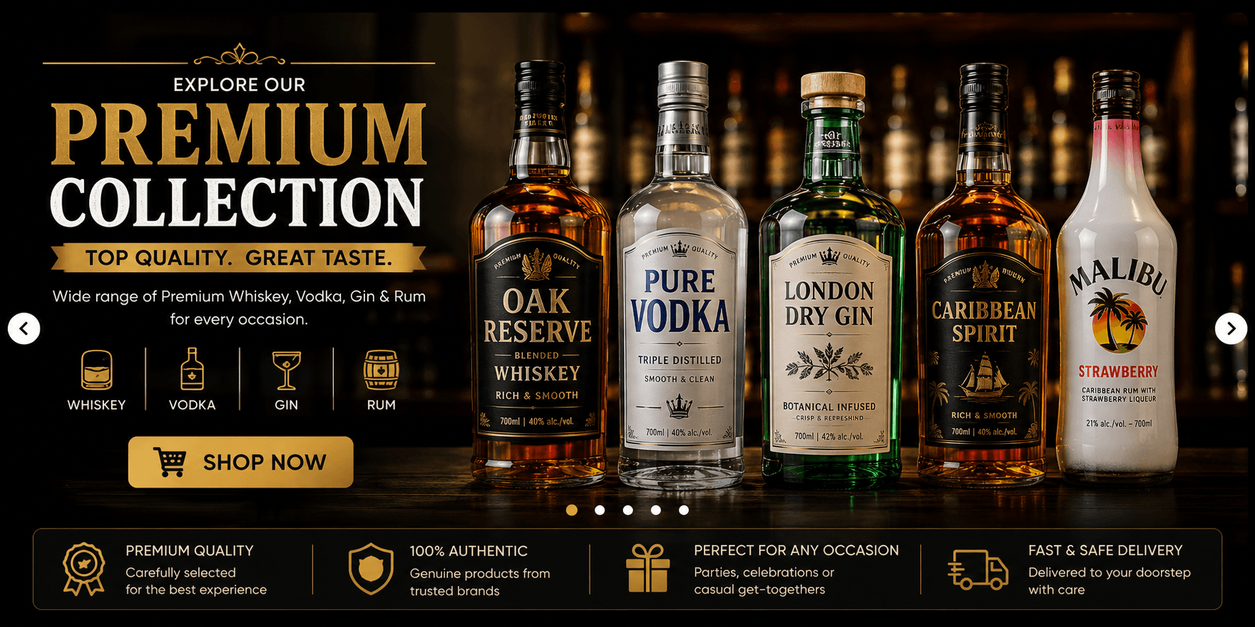 Explore our Premium Collection — Whiskey, Vodka, Gin & Rum